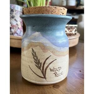 VTG Wild Rice Stoneware Pottery Thick Natural Cork Plug Jar 6 Inch